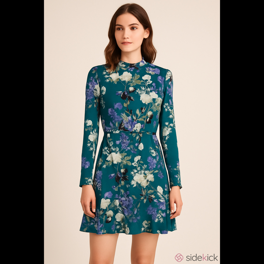 Jack by BB Dakota Floral Tie Neck Long Sleeve Mini Dress Teal Purple Boho Size S
